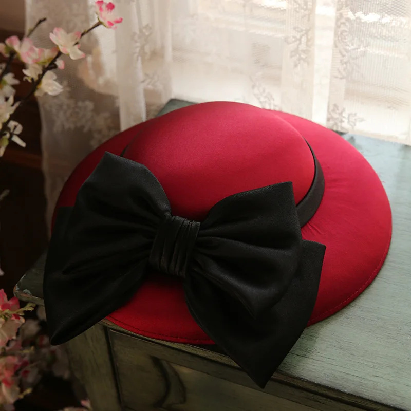 Women White Bow Big Brim Hat Court Banquet Dress Elegant Top Cap Lady British Style Wine Red Clip Hats for Four Seasons