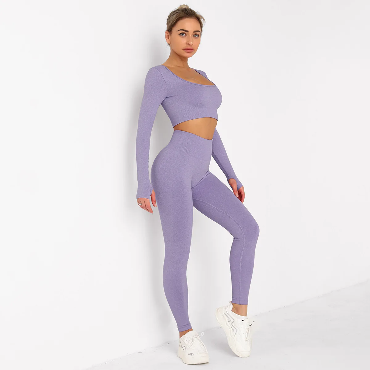 2021 Fashion Basic Leggings Sport 2pcs Long Sleeve Jogging Set Activewear Fitness Yoga Wear For Woman