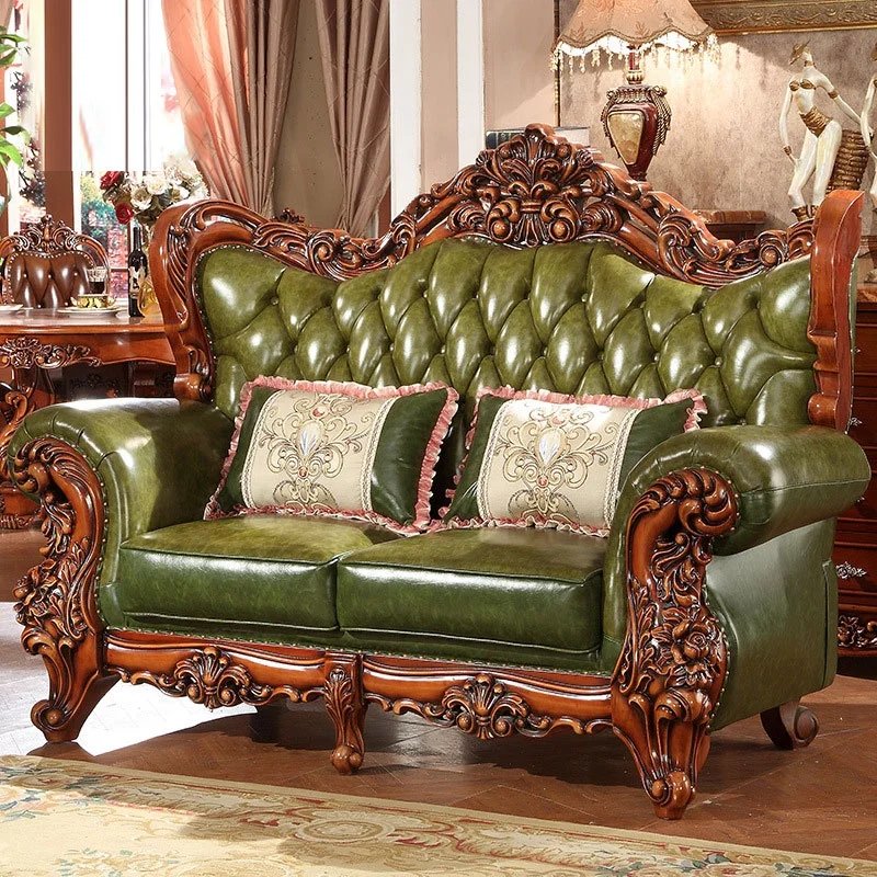 Classical living room full grain leather recliner sofa Factory supply antique wooden sofa furniture set