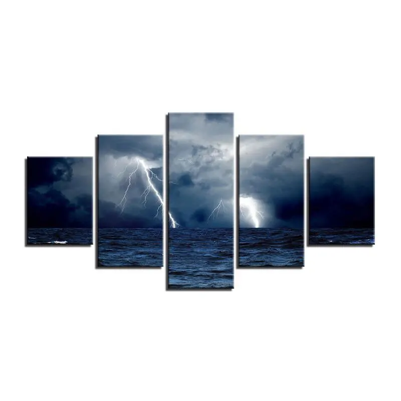 
 Картина на холсте, картины с природным ландшафтом, настенное искусство, молния, удары в облаках, 5 панельных картин, печать  
