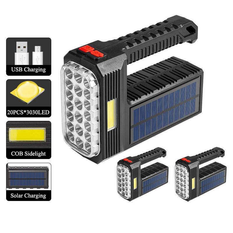 Outdoor Solar Handheld Flashlight Rechargeable COB Sidelight Camping Lights Emergency Torch Searchlight with 16/18/20 LEDs