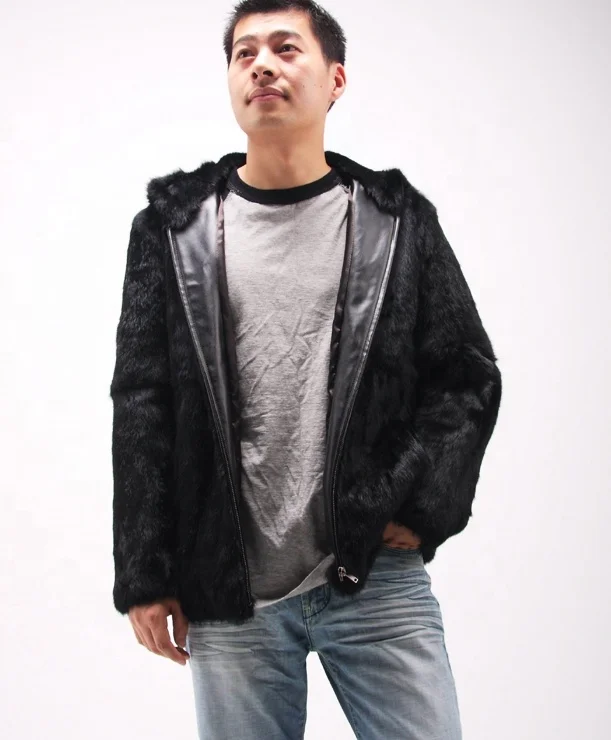 YR224 custom made Rabbit fur coat for men Hooded jacket mens fur hood jacket