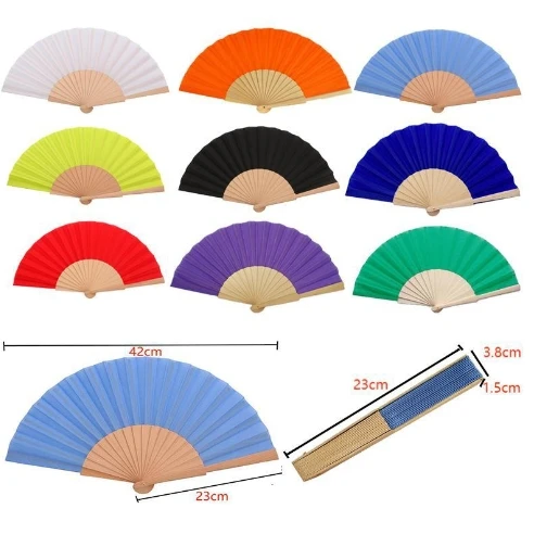 promotional hot sales beautiful customized 23 cm Polyester cotton bamboo hand folding fan wood hand fan of outdoor dance