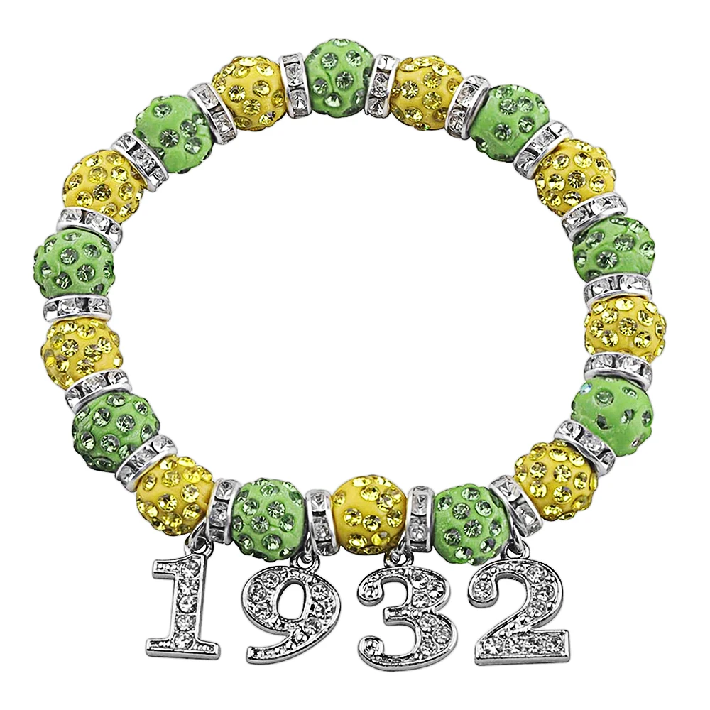 Low Price Wholesale Greek XHO Symbol 1932 Year Numbers Pendant Making Yellow And Green Tone Beaded Chi Eta Phi Beaded Bracelet