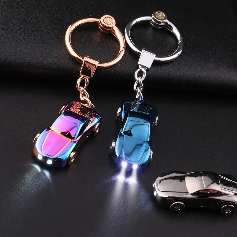 Cute Alloy Car Shaped Keychain with Gift Box Bag Charm LED Light Key Chain Collection Luminous Car Shaped Key Ring Jewelry Gift