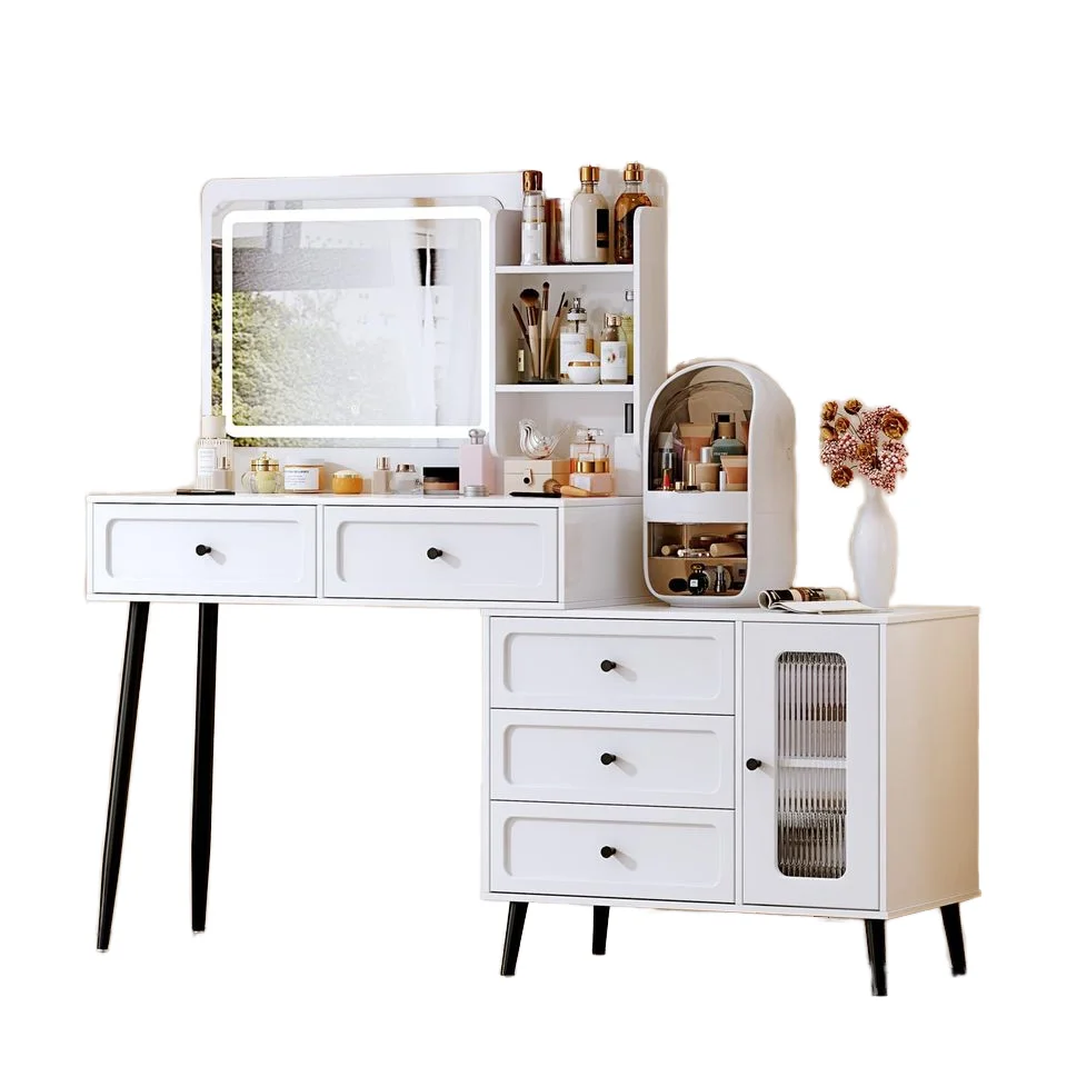 Bedroom furniture modern White Makeup Vanity Desk with Mirror Adjustable Cabinet & Drawers