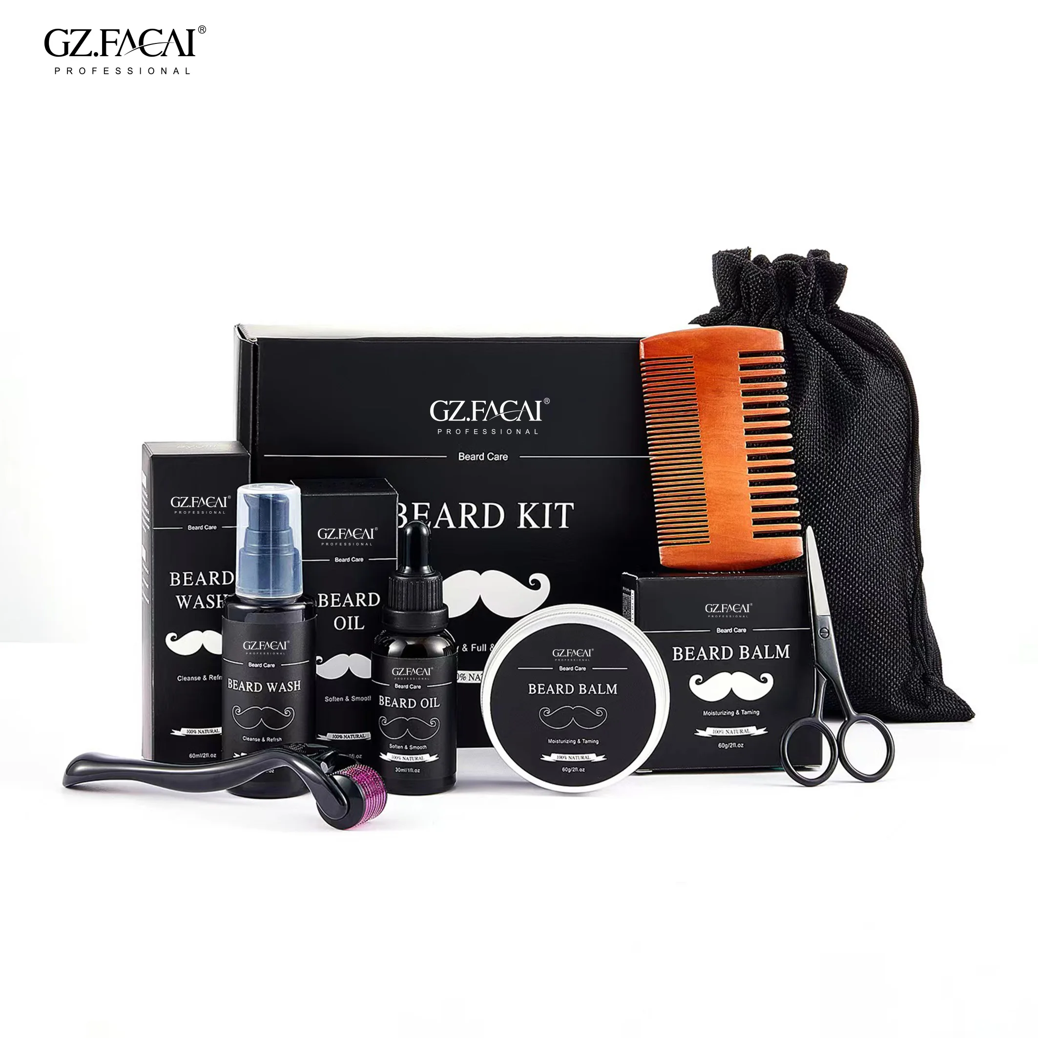 Private Label Upgraded Beard Grooming Kit Conditioner Oil Balm Wash Comb Set Roller Set Beard Pen Long Beard Care Balm For mens