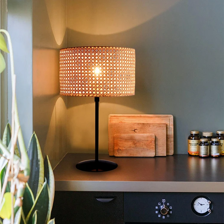 Wholesale Modern Small Nightstand Minimalist Handwoven Natural Black Rattan Wood Bamboo Table Lamp for Bedroom