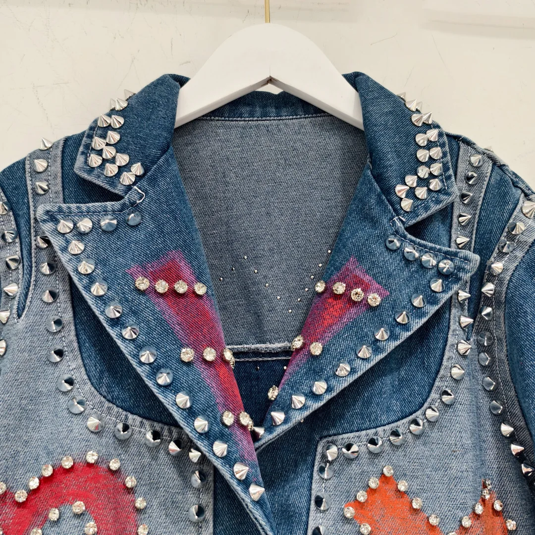 2024 Short Denim Coat for Women Spring Autumn New Beaded High Waist Crystal Jean Jacket Female Slimming Short Denim Jacket