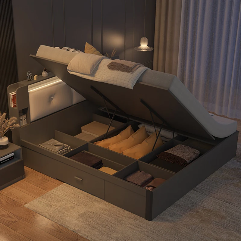 Nordic Bed Simple Multilayer Solid Wood Plywood High Box Storage Panel Bed Bedroom Furniture Factory Sales At A Low Price