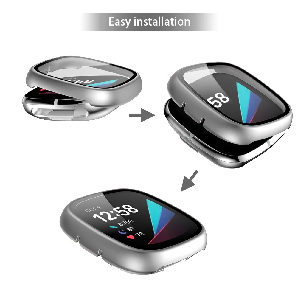 2 In 1 Watch Band Parts Case Cover For Fitbit Versa 3 /Sense PC Watch Frame Case Tempered Glass Screen Protector