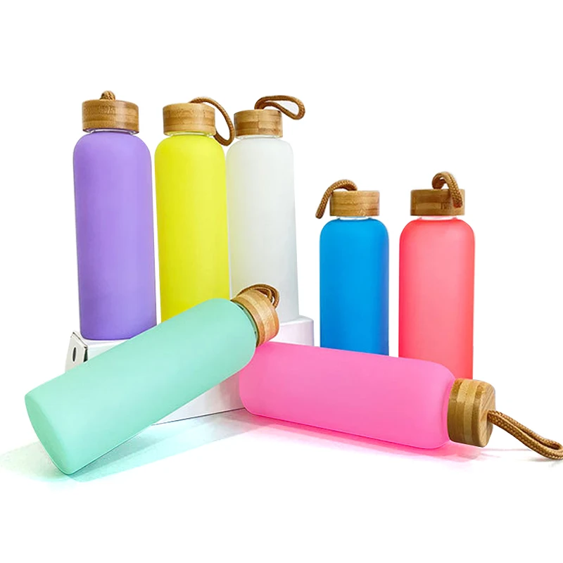 Sublimation Colored Frosted 20oz 750ml Glass Water Bottle With Bamboo Lid