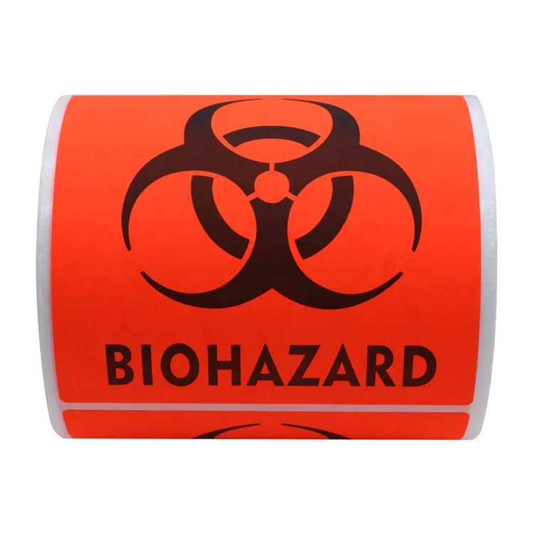 Hybsk Biohazard Warning Labels 4 x 4 inch Fluorescent Red-Orange Hazardous Stickers | 100 Labels/Roll