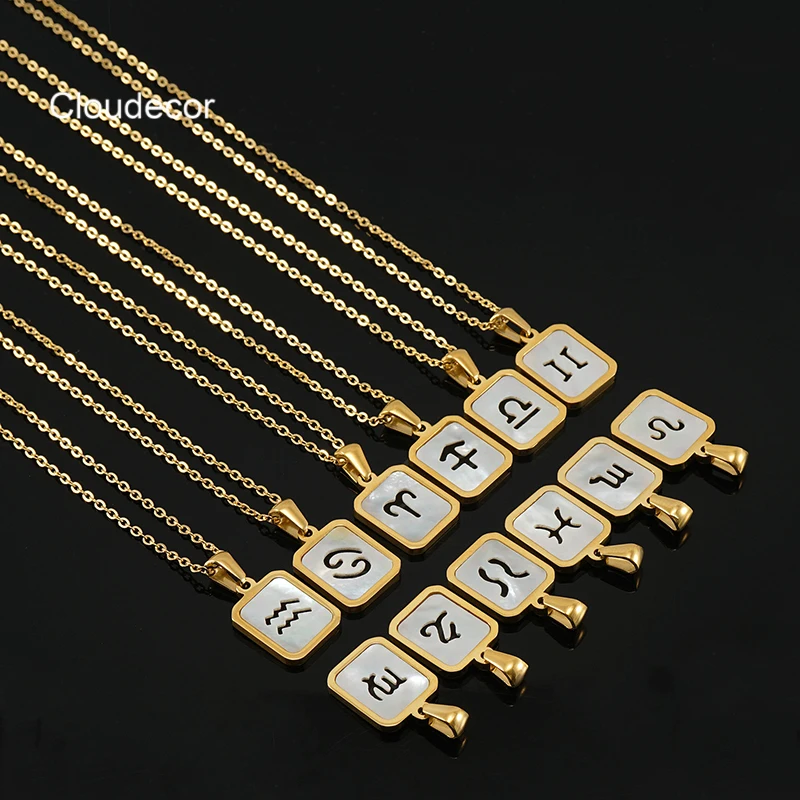 Hollow Out Rectangle Pendant Necklace 18k Gold Stainless Steel Hawaiian White Natural Shell Necklace Square Zodiac Necklaces
