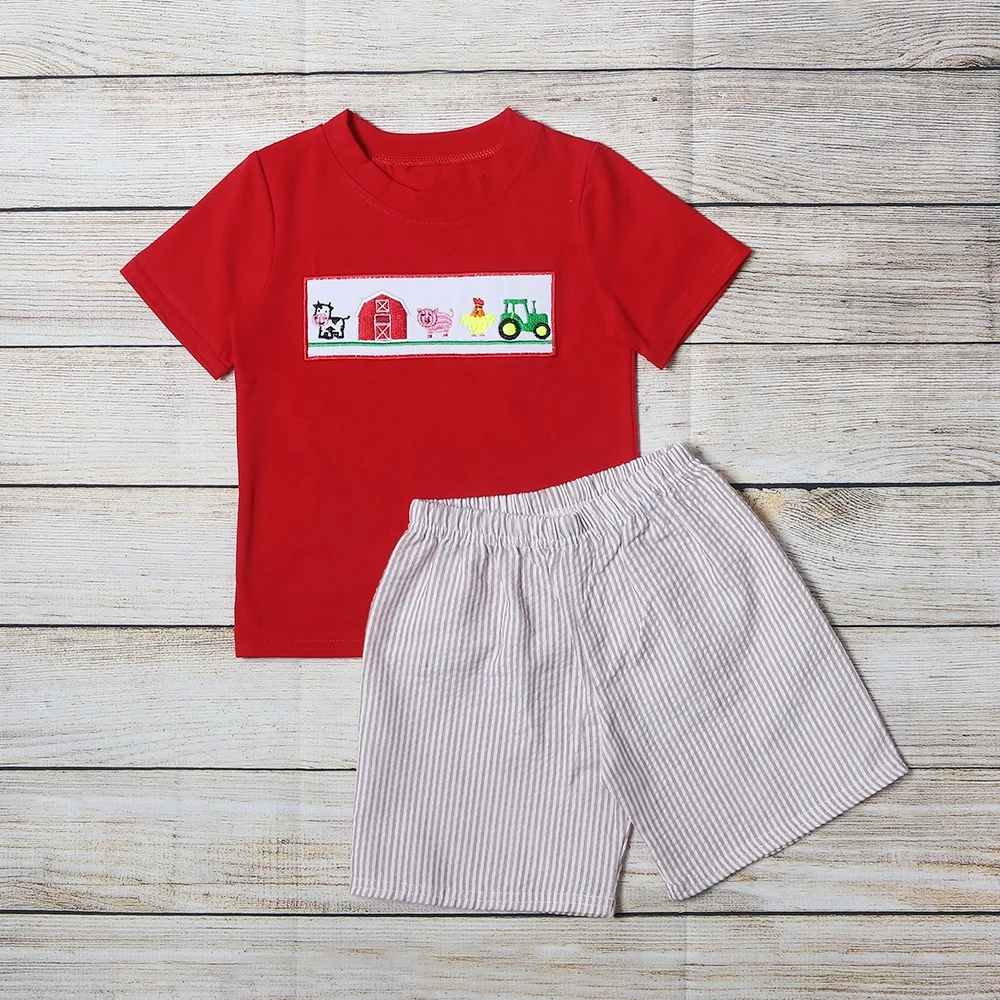 
RTS farm embroidery stripe custom kids wholesale fashionable kids clothing 