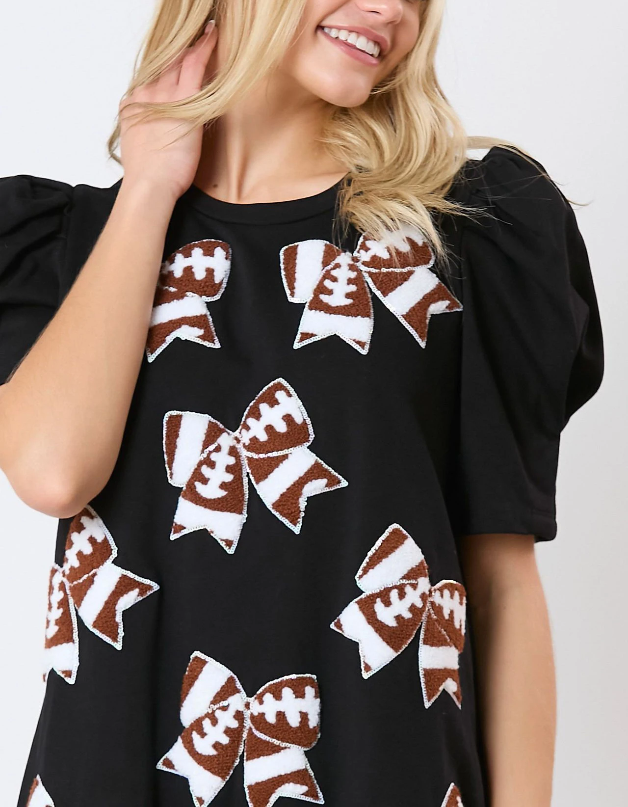 Loveda New Trend Gameday Dresses Crew Neck Puff Sleeve Game day Dress With Bow Tie American Football Sequins Patches