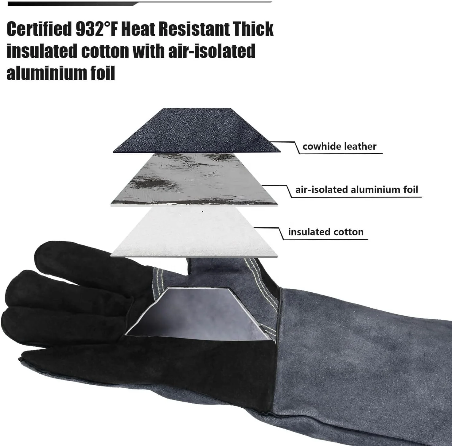 Factory Sale Long Pattern Cow Skin Leather Safety Hand Heat Resistant Welding BBQ Gloves