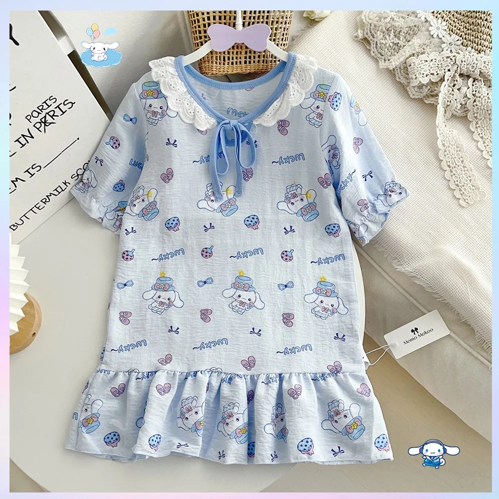 Kawaii пижама для девочек аниме Cinnamoroll Kuromi Melody летняя корейская детская одежда с мультяшным принтом кружевной воротник домашняя