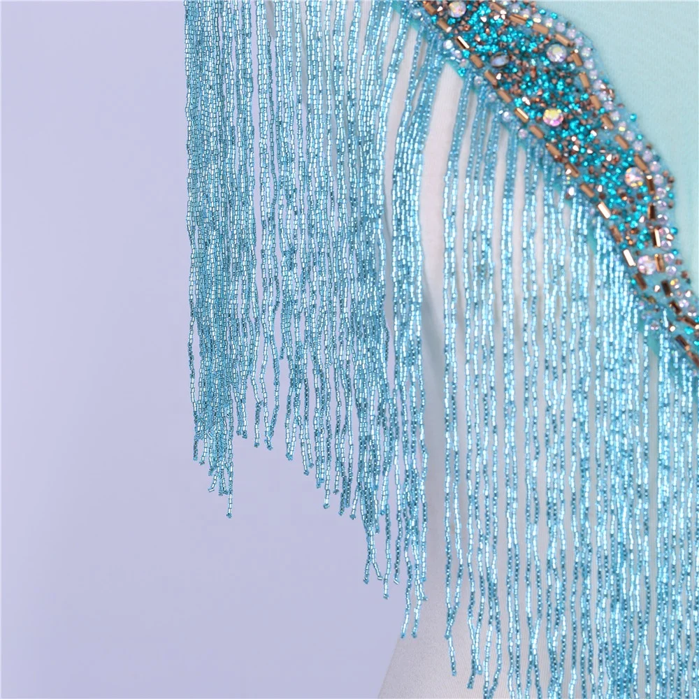 High quality wholesale beaded bridal wedding evening dress tassel fringe and trims rhinestone neckline applique