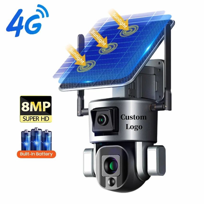 Индивидуальный логотип 8MP 4G PTZ солнечная система безопасности с двойным объективом SIM карта уличная Солнечная камера видеонаблюдения