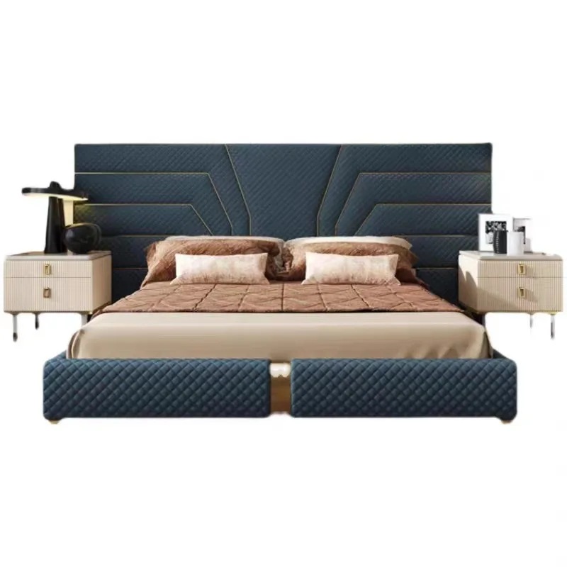 High Quality Solid Wood Leather Rawalpindi Bed Furniture Morden Leather Bed Back Designs