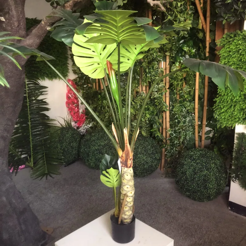 Decorative plant artificial green leaf turtle back leaf tree fake monstera plant potted plastic bonsai indoor