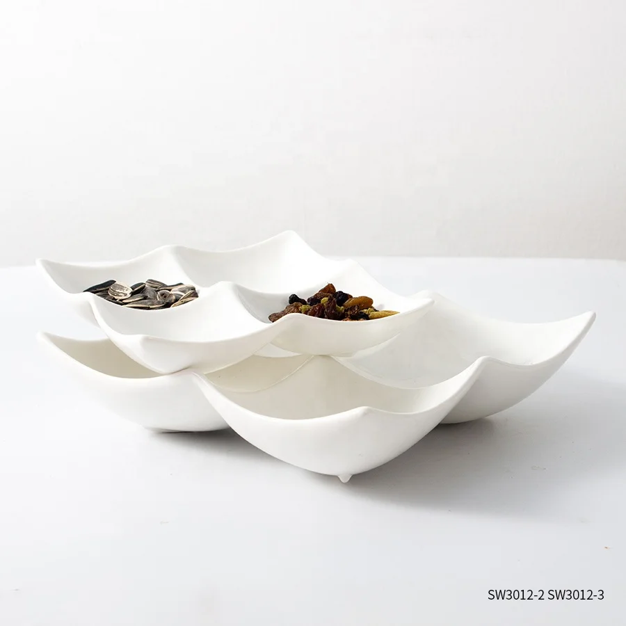 Factory wholesale white ceramic plate 4 compartment divide quadrate serving platter tray for appetizer dessert