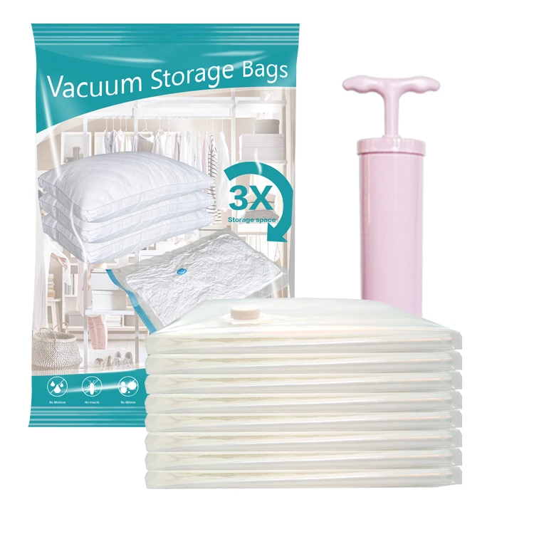 Reusable vacuum compression sealed storage bags save 80% of space for clothing, comforter and bedding storage for easy travel