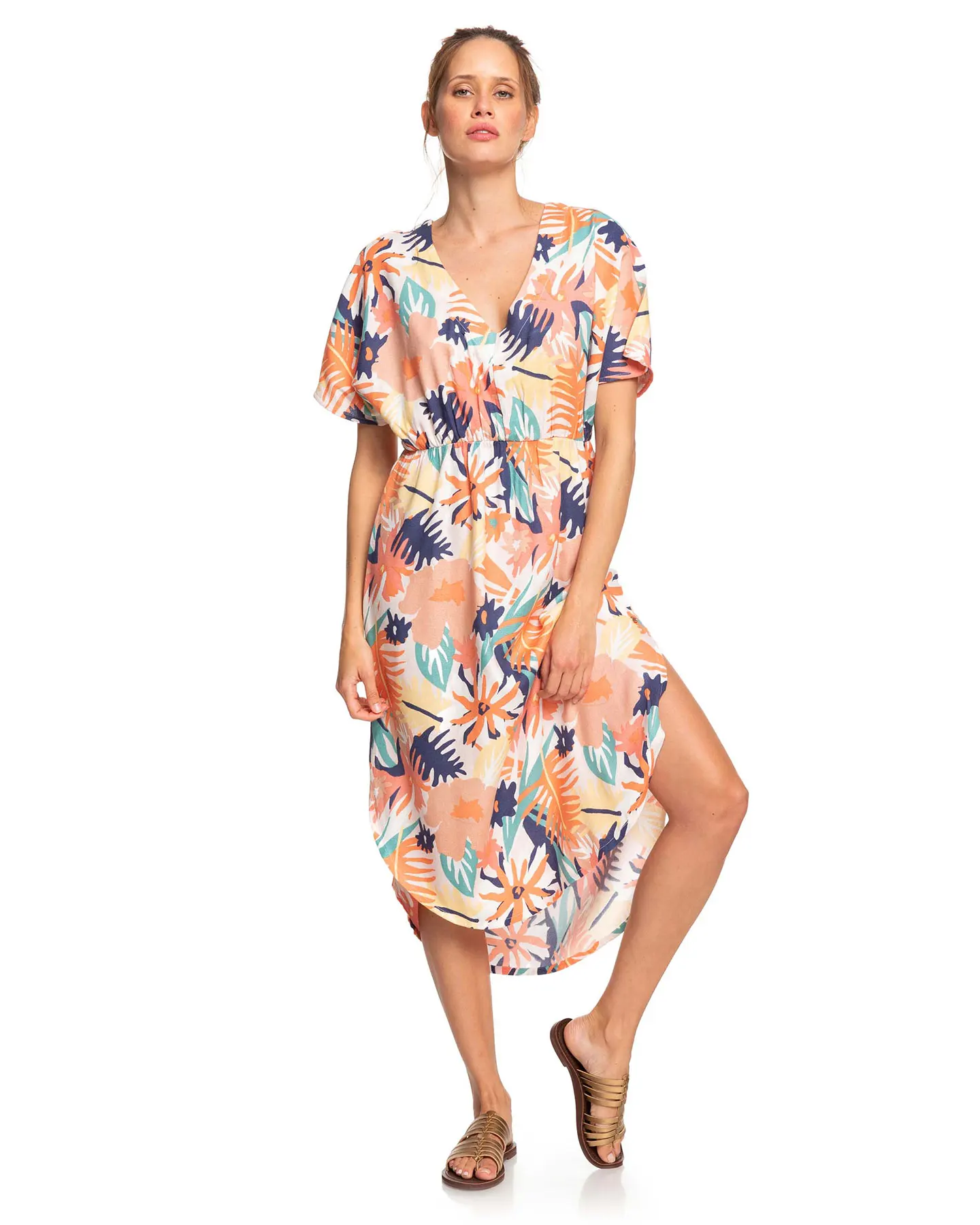 New Arrival Summer V Neck Short Sleeves Tropical Print High Waist Rayon Midi Long Dress For Women