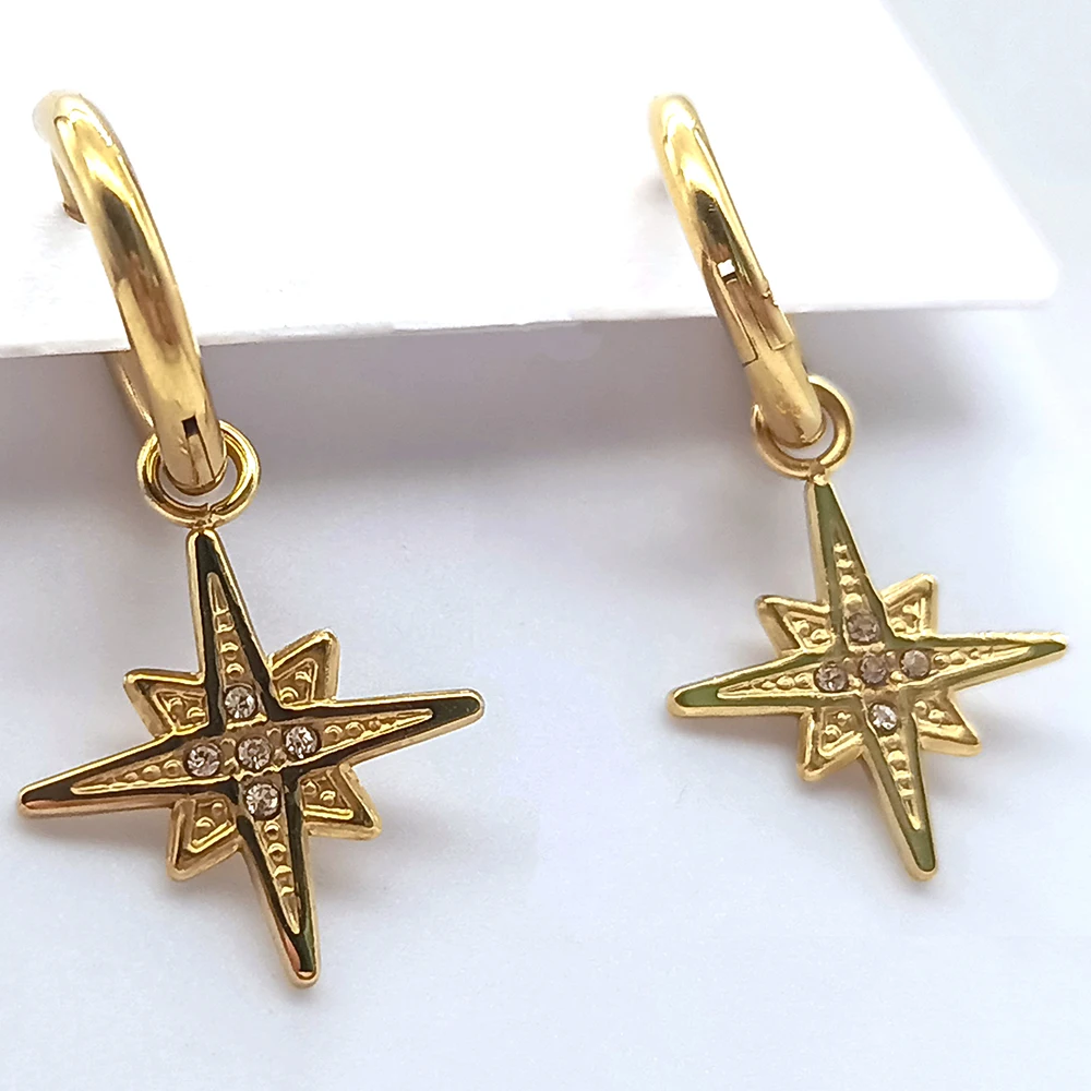 Gold Plated Stars Earring Hoops, Star Earrings Gold Plated Dangle Earrings Star