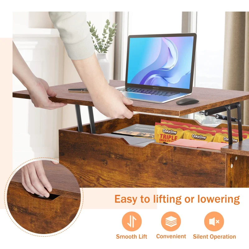 KFZ-1 Coffee Table Brown Lift Top Coffee Tables for Living Room Small Rising Wooden Dining Center Tables with Storage