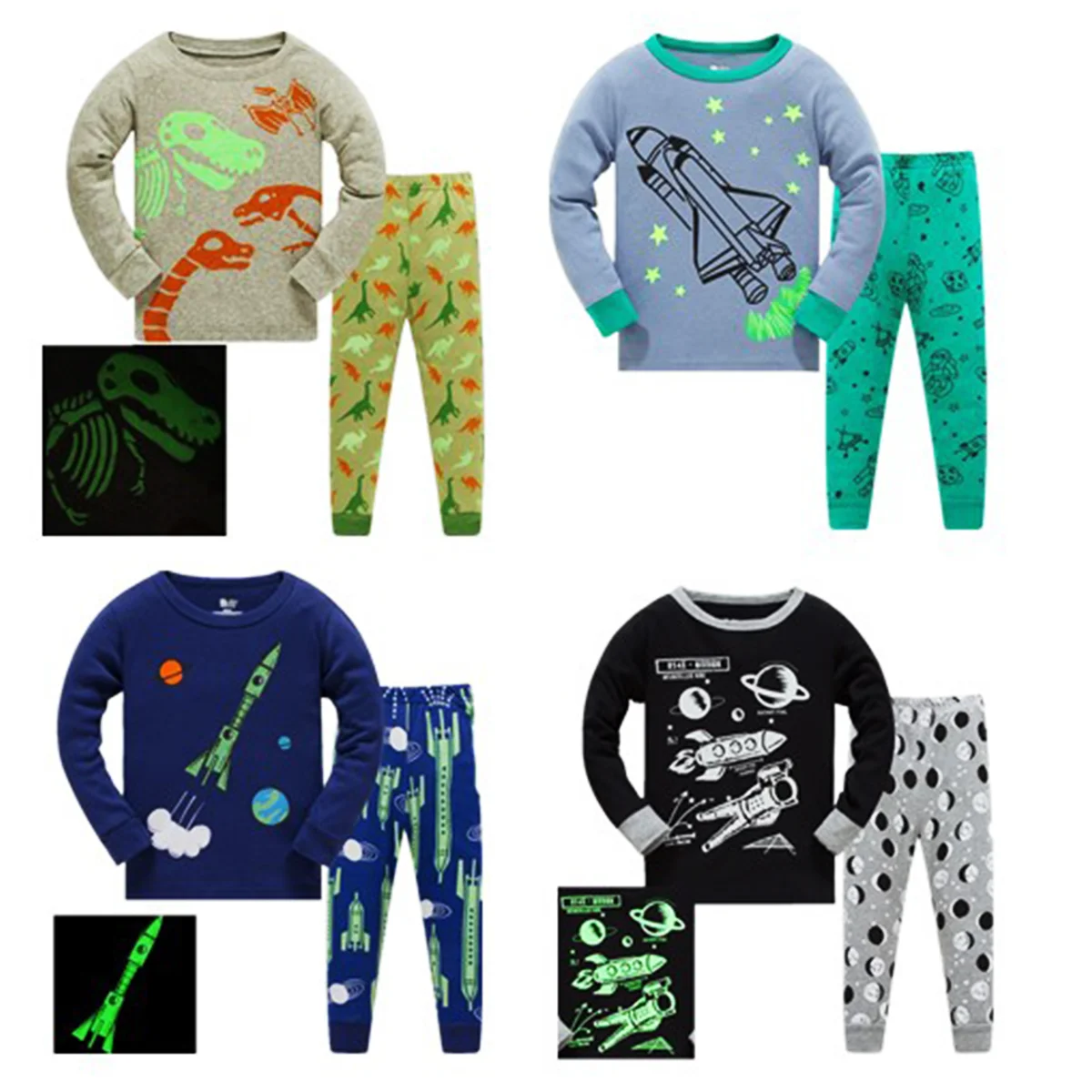 
2021 Sping Boy Clothes 2 Piece Set Cartoon Thermal Underwear 100% Cotton Soft Luminous Casual Dresses 