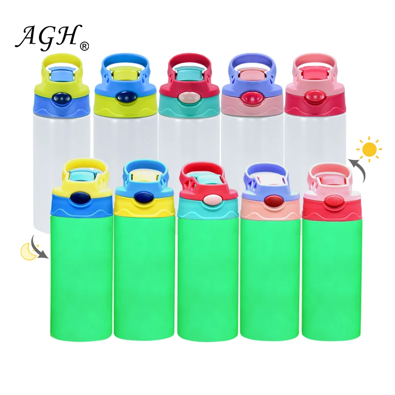 USA Warehouse 12 Oz Sublimation Kid Water Bottle Glow in Dark to Green Kids Flip Top Tumbler Straight Blank