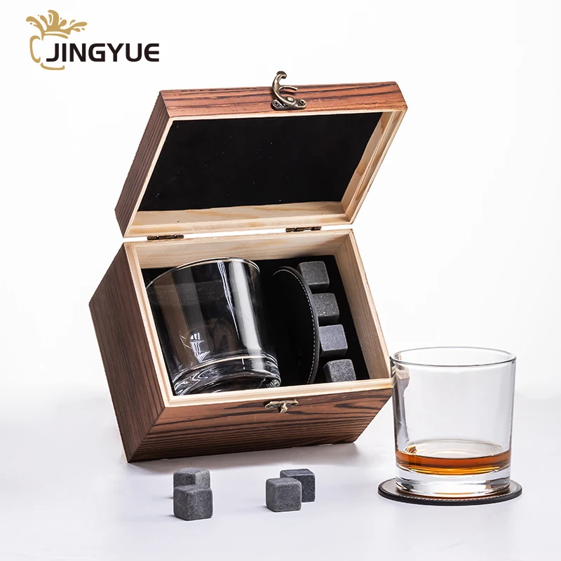 Vintage 4 Natural Granite Colling Whiskey Stones and 11oz Cocktail Drinking Whisky Glass Gift Set in Exquisite Wooden Box