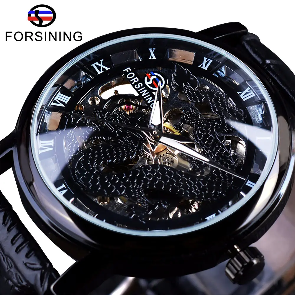 Forsining Chinese Simple Design Transparent Case Mens Watches Top Brand Luxury Skeleton Watch Sport Mechanical Watch Male Clock