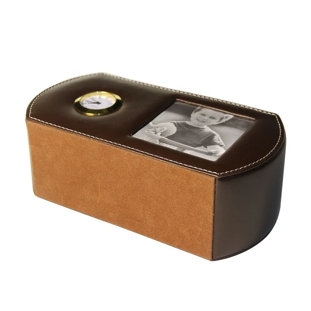 LG-B055  geometric shaped with mini needle clock and photo frame faux leather desk organizer pen holders gift
