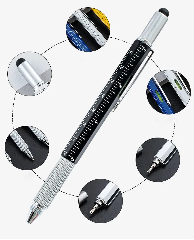 Hot Selling Bulk Multi-functional Tool 6-in-1 Screen Stylus Metal Ball pen With Customized Personal Advertisement  For Gift