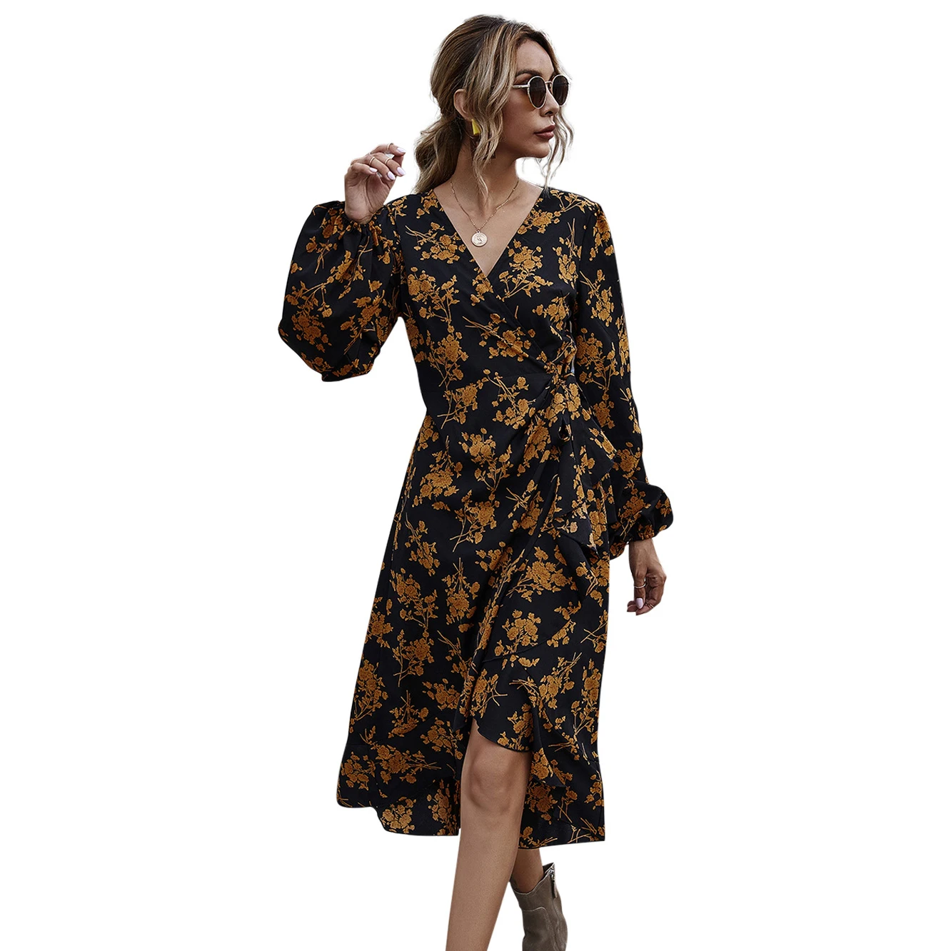 
V-neck long sleeves high waist and lace with lotus leaf slim dress for ladies 