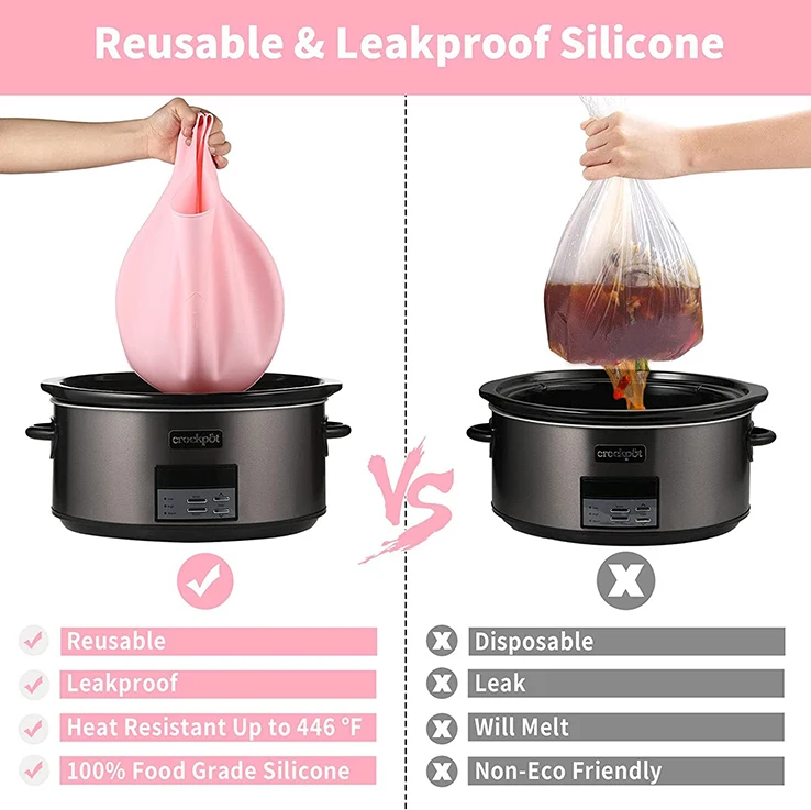 Reusable Silicone Slow Cooker liner Fit 6-8 Quarts Crockpot Leakproof and Easy Clean Bags Liners for Oval or Round Pot