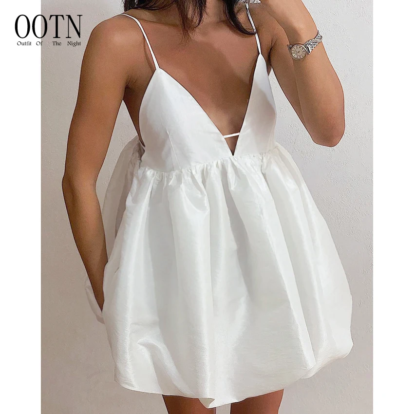 OOTN Backless Party Satin Dress Sexy High Waist A-Line Pleated Mini Dresses V-Neck Spaghetti Strap Summer Dress Women Beach