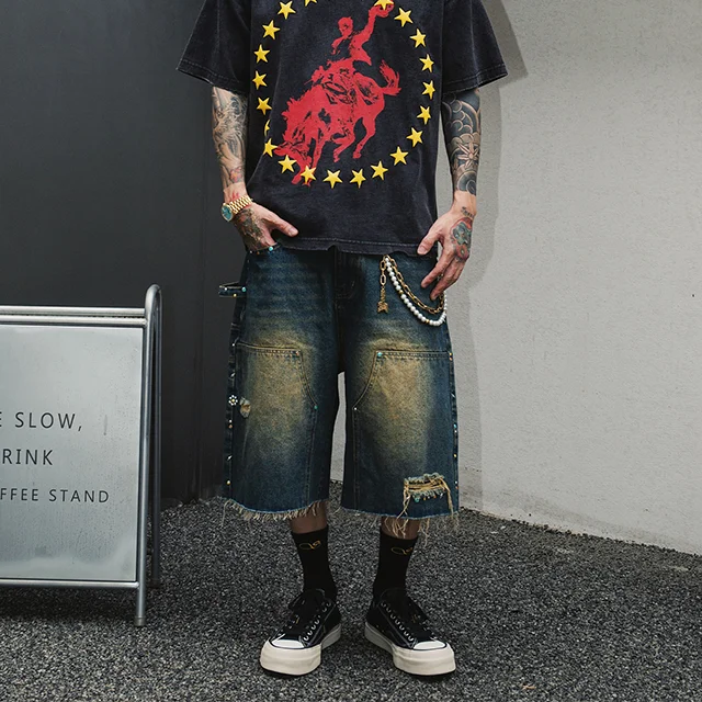 Manufacturer Y2K distress dirty wash wholesale jeans Diamonds splints patches jeans custom baggy jeans