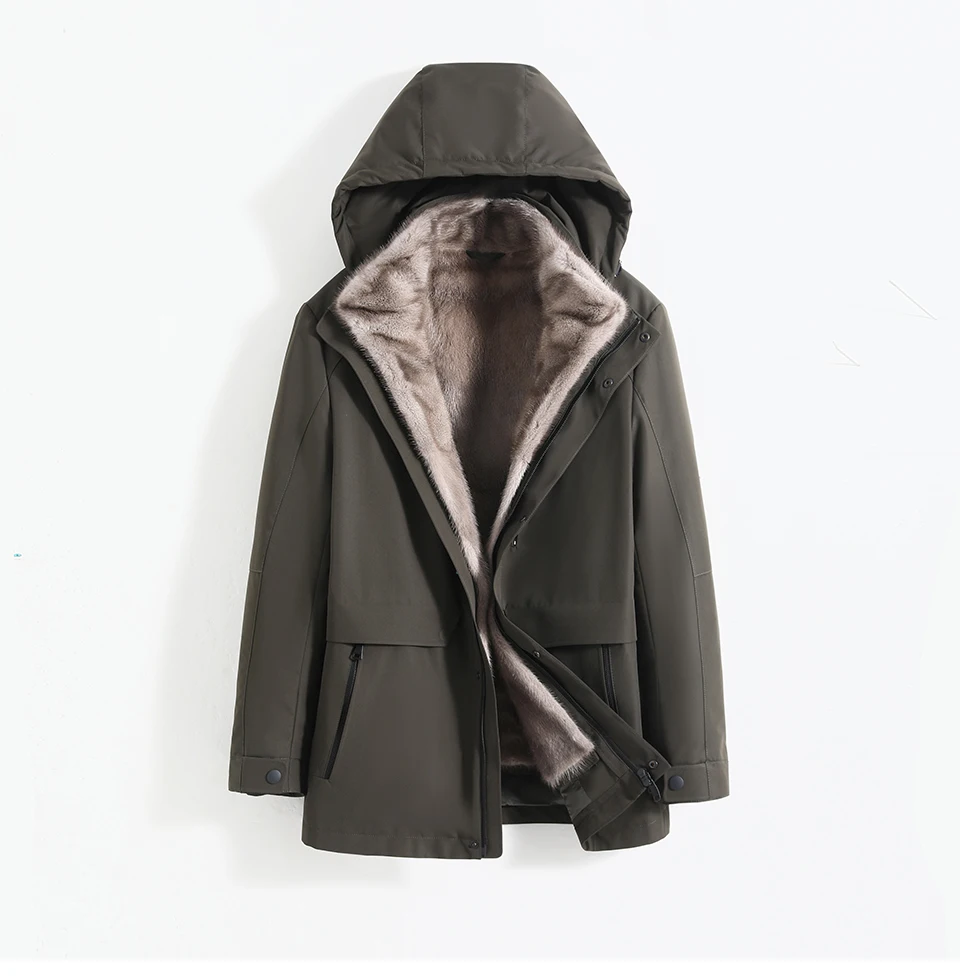 Whole Mink Fur Coat Winter Stylish Jacket Men Fox Fur Collar Hooded Thick Warm Coat