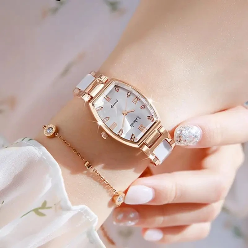 LABAOLI Top Brand Luxury White Rose Gold Ice Diamond Women Watch Stainless Steel Band Ladies Wrist Women Tonneau Dial Watches