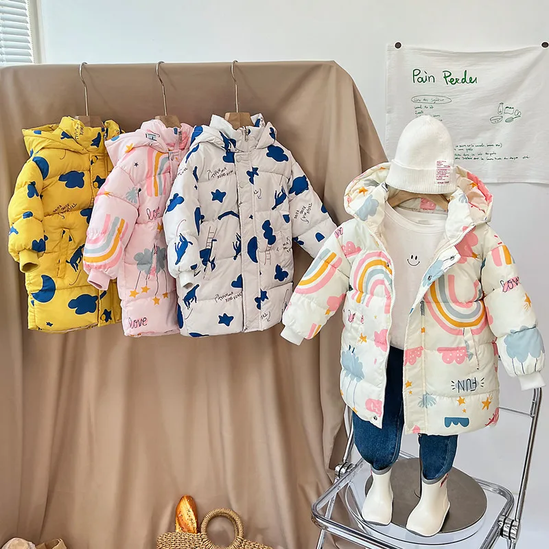 2024 New Girls Long Sleeve Rainbow Down Jacket Children Clothes Hooded Windbreaker Cotton Warm Outerwear Kids Winter Coat