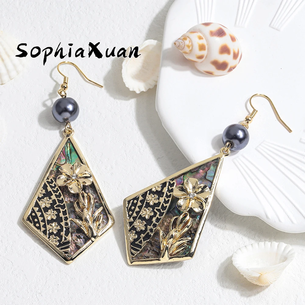 SophiaXuan new simple pearl earrings guam gold filled necklace quadrilateral abalone shell polynesian earrings wholesale