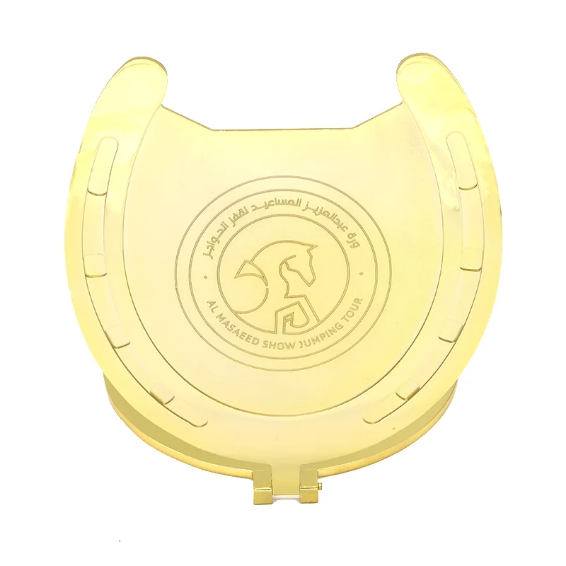 China factory customized laser engraving logo text bright gold customized metal creative horseshoe trophy