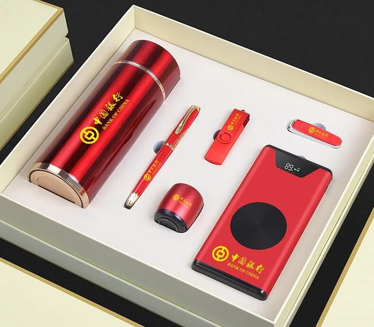 6 in 1 Business Gift Set Luxury  ,  Promotion Corporate Gift Set 2019 with Speaker Vacuum Cup Wireless Charger Power Bank
