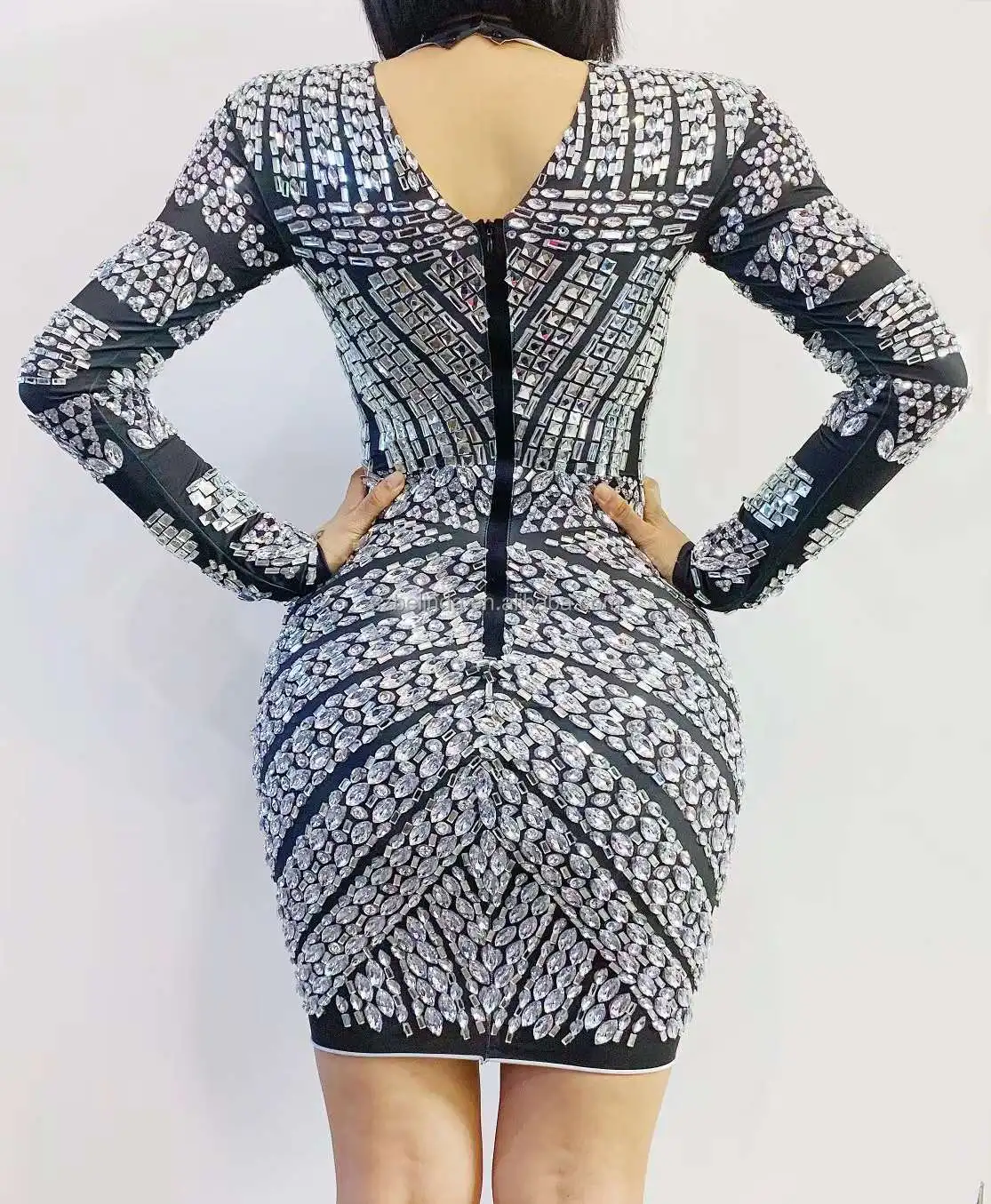 New Design Transparent Crystals Turtleneck Black Velvet Dress Evening Sexy Chains Dance Costume Birthday Sleeves Dress