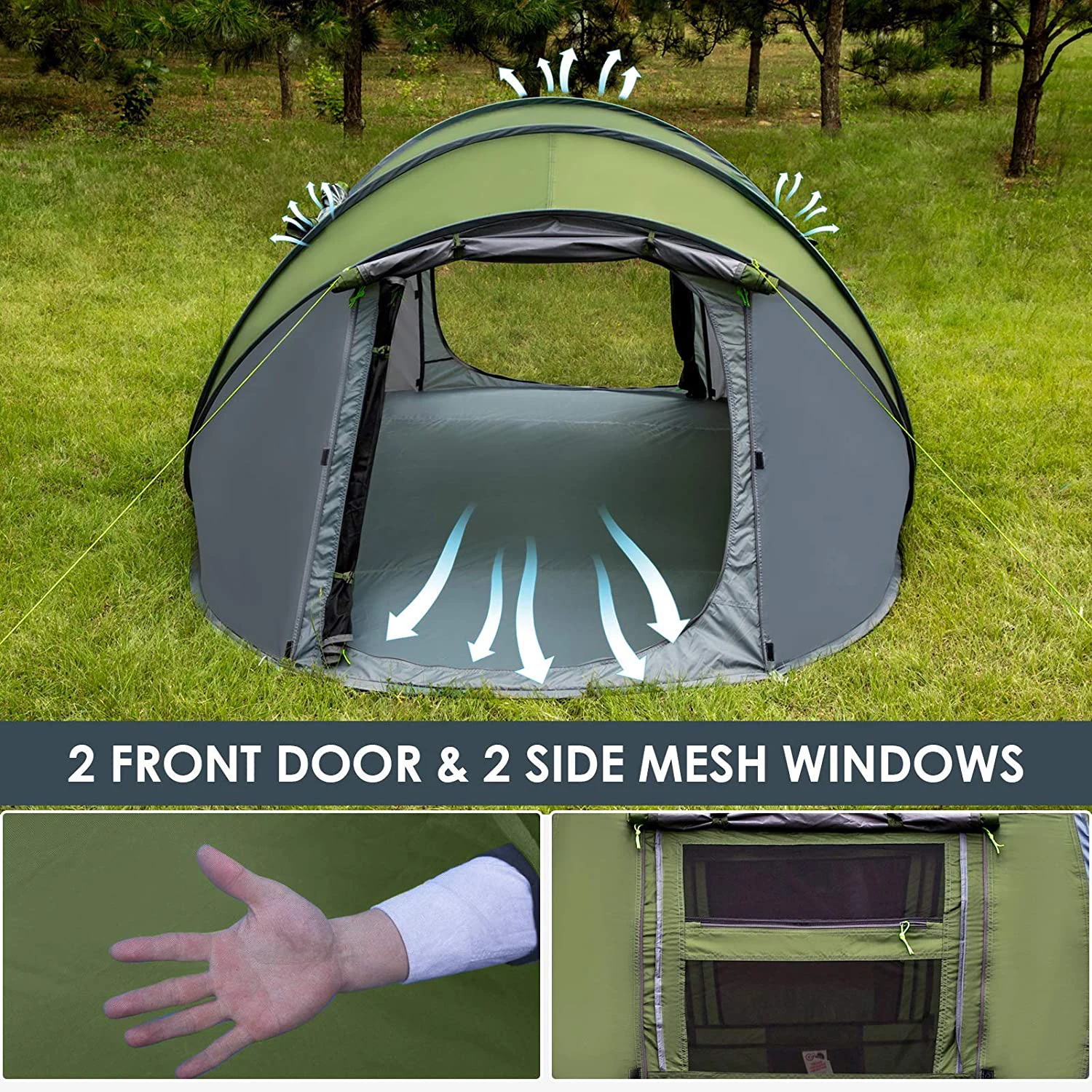 WOQI Wholesale Hot sale Camping Hiking Waterproof Automatic Setup 2 Doors Instant Pop Up camp tent outdoor glamping