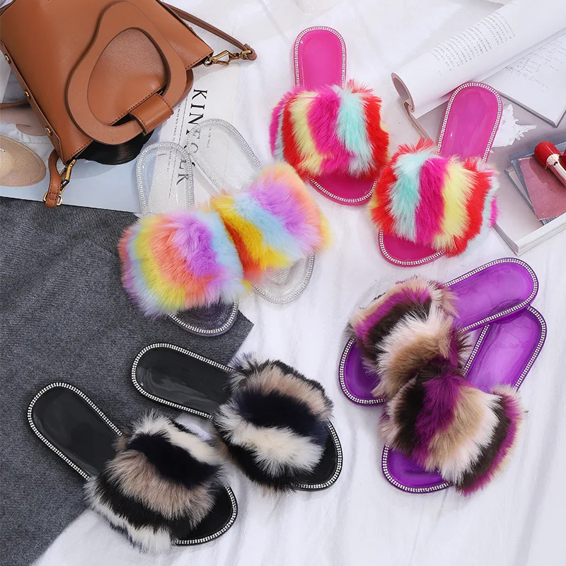 
colorful fur warm winter sandals for women fashion style indoor house furry slippers 
